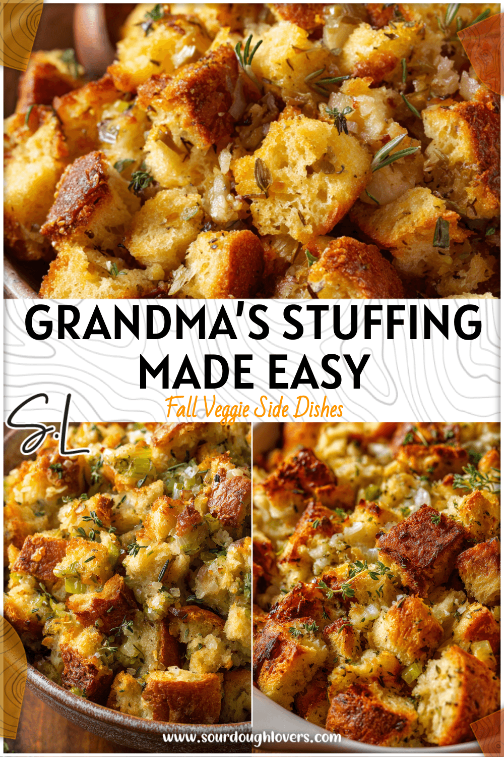 Golden buttery stuffing baked with herbs in a rustic dish for Easy Thanksgiving Stuffing Recipes 2
